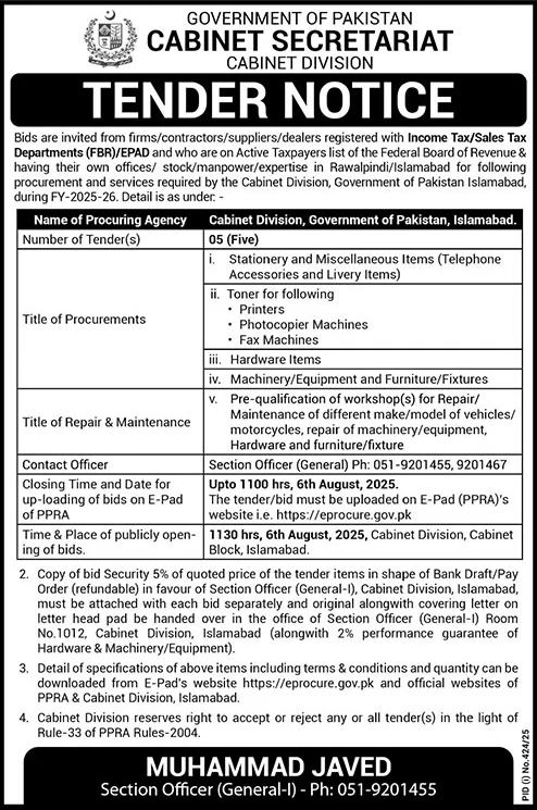 Cabinet Secretariat Islamabad Tender Notice